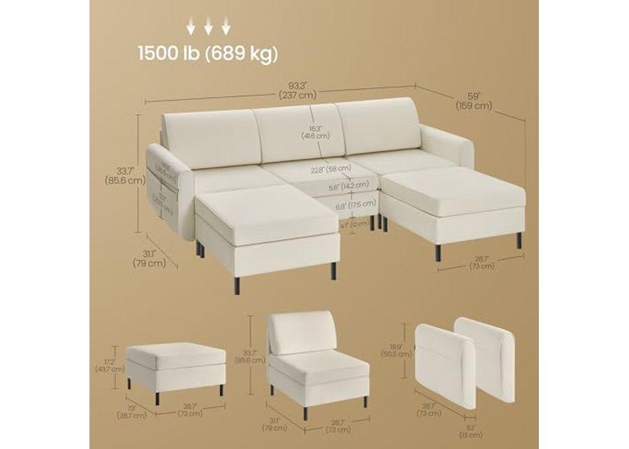 SONGMICS HOME COMBIE Collection - Modular Sectional Sofa, Convertible U-Shaped Couch, 5-Seat, with Ottoman, Deep Seat, Tall Legs, Modern Style, for Living Room, Cream White ULCS063W01