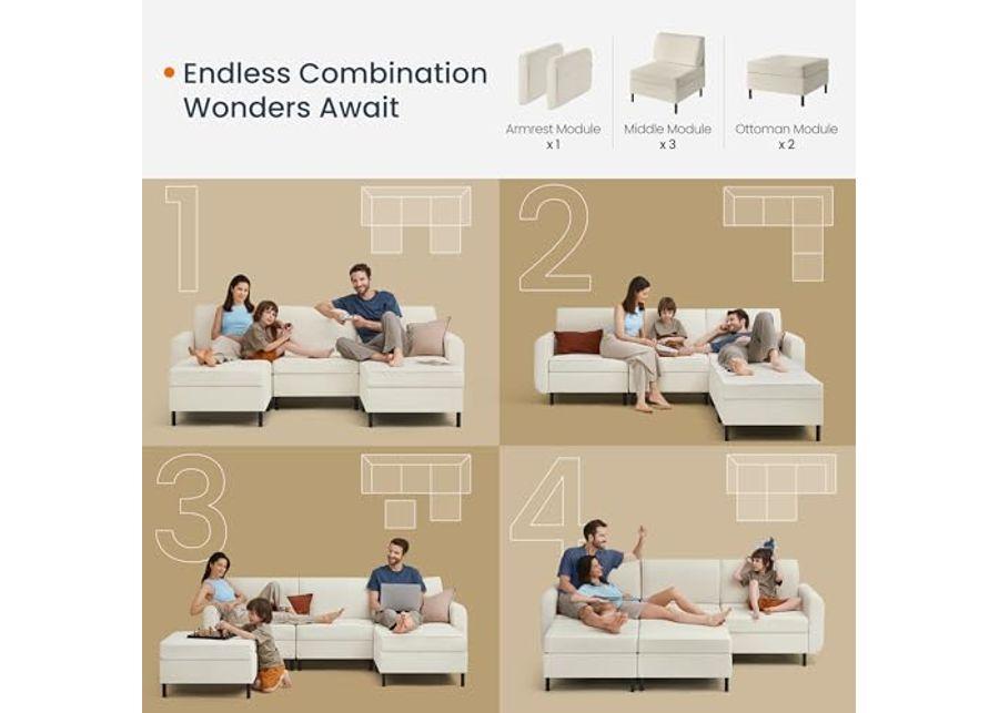 SONGMICS HOME COMBIE Collection - Modular Sectional Sofa, Convertible U-Shaped Couch, 5-Seat, with Ottoman, Deep Seat, Tall Legs, Modern Style, for Living Room, Cream White ULCS063W01