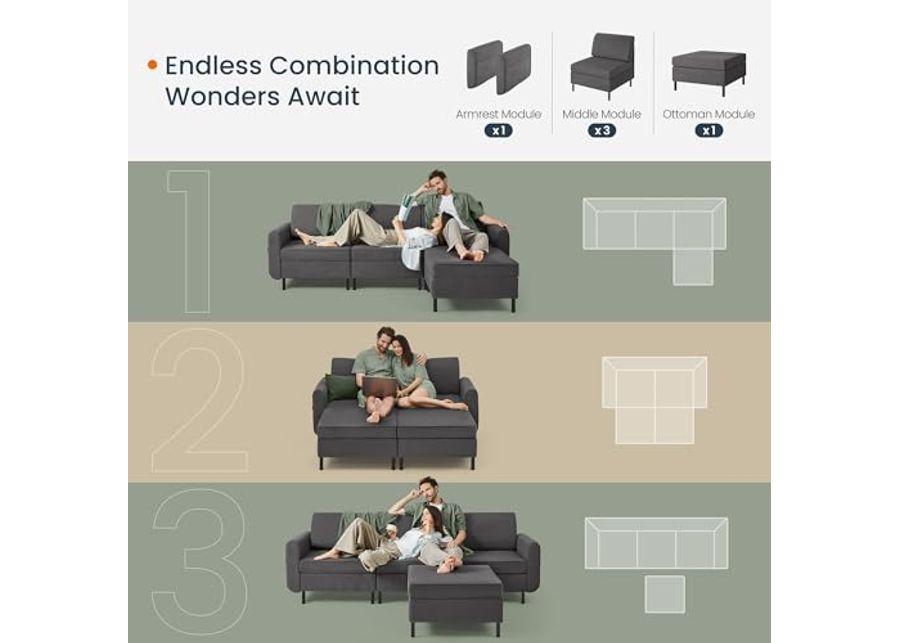 SONGMICS HOME COMBIE Collection - Modular Sectional Sofa, Convertible L-Shaped Couch, 4-Seat, with Ottoman, Deep Seat, Tall Legs, Modern Style, for Living Room, Slate Gray ULCS062G01