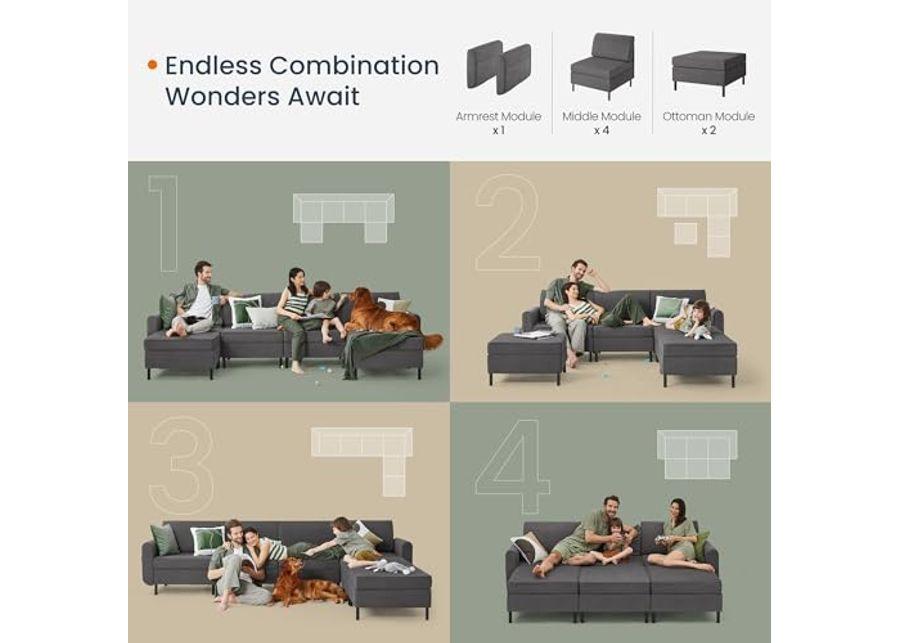 SONGMICS HOME COMBIE Collection - Modular Sectional Sofa, Convertible U-Shaped Couch, 6-Seat, with Ottoman, Deep Seat, Tall Legs, Modern Style, for Living Room, Slate Gray ULCS064G01