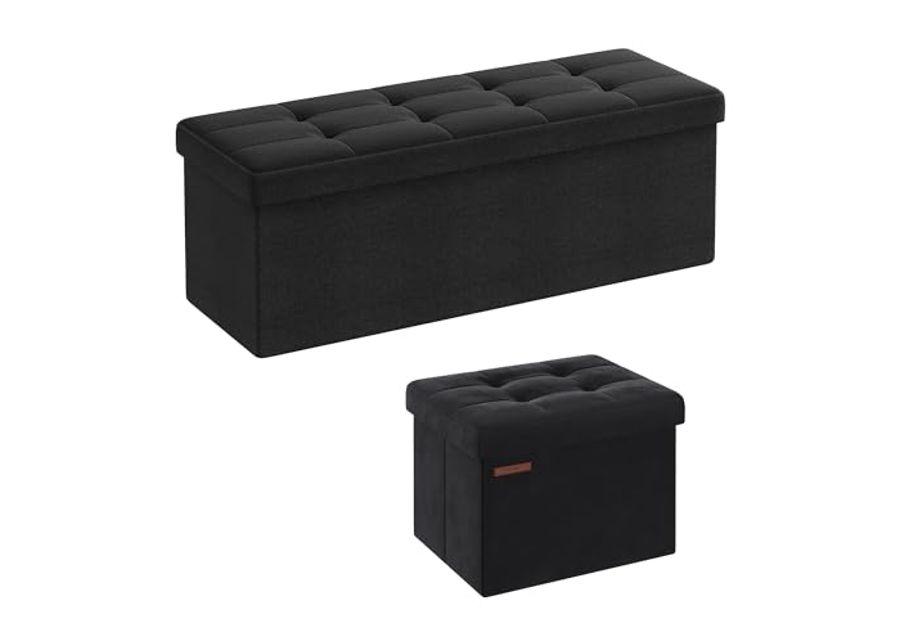 SONGMICS 2-Item Bundle - 43 Inches Folding Storage Ottoman and Foldable Velvet Storage Ottoman, Storage Chest, Foot Rest Stool, Bedroom Bench with Storage, Ink Black ULSF077B01 and ULSF200B01