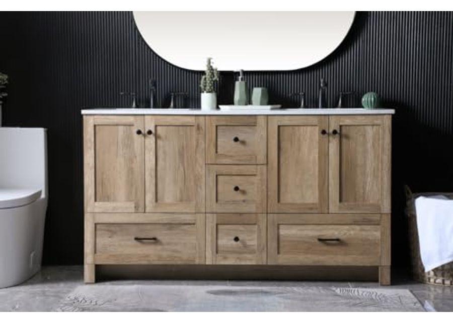 Elegant Lighting VF2860D Soma 60" Free Standing Double Basin Vanity Set with Cabinet and Marble Vanity Top - Natural Oak