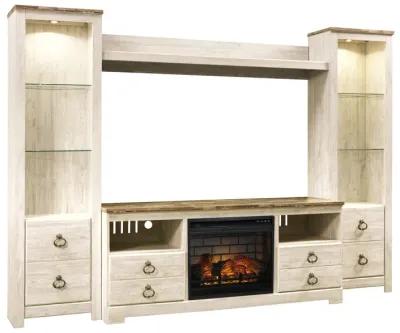 Willowton - Whitewash - Entertainment Center - TV Stand With Faux Firebrick Fireplace Insert