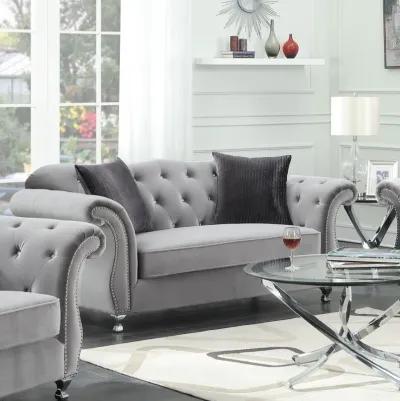 Frostine - Upholstered Rolled Arm Tufted Loveseat - Silver