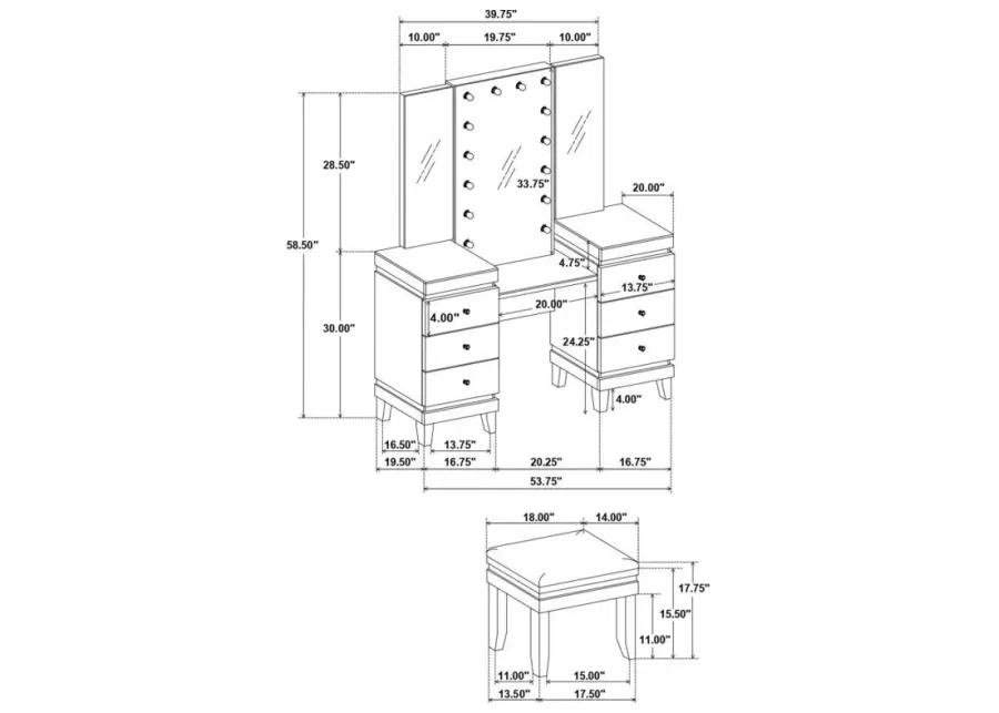 Talei - 6-Drawer Vanity Set With Hollywood Lighting - Black And White