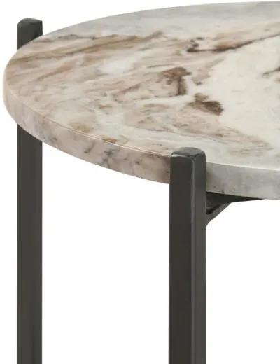 Noemie - Round Marble Top Accent Side Table - White And Gunmetal