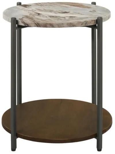 Noemie - Round Marble Top Accent Side Table - White And Gunmetal