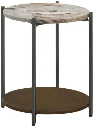 Noemie - Round Marble Top Accent Side Table - White And Gunmetal