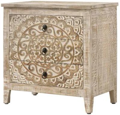 Mariska - 3-Drawer Wood Mandala Cabinet - Distressed White