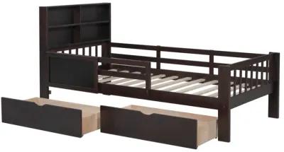 Twin Size Bed with Bookcase Headboard and Two Drawers