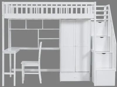 Twin Size Loft Bed with Integrated Desk, Bookshelf, Wardrobe, and Chair