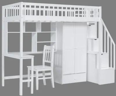 Twin Size Loft Bed with Integrated Desk, Bookshelf, Wardrobe, and Chair