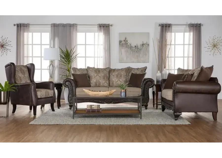 Elmbrook - Upholstered Rolled Arm Loveseat With Intricate Wood Carvings - Brown