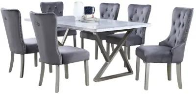 7 Piece Gray Marble Dining Set with Steel Base and Velvet Chairs