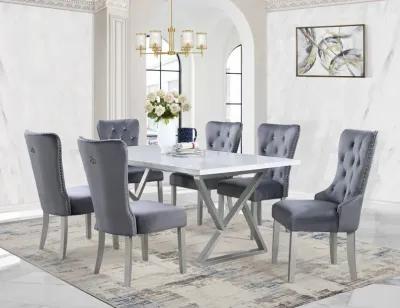 7 Piece Gray Marble Dining Set with Steel Base and Velvet Chairs