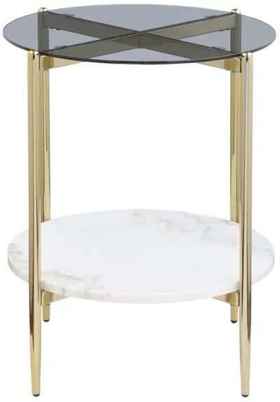 Jonelle - Round Glass Top End Table White Marble Shelf Gold - Smoke