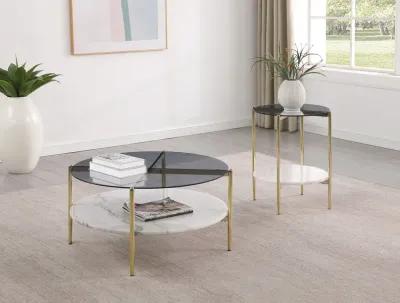 Jonelle - Round Glass Top End Table White Marble Shelf Gold - Smoke