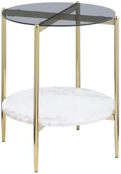 Jonelle - Round Glass Top End Table White Marble Shelf Gold - Smoke