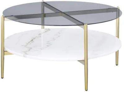 Jonelle - Round Glass Top Coffee Table White Marble Shelf Gold - Smoke