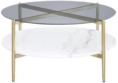 Jonelle - Round Glass Top Coffee Table White Marble Shelf Gold - Smoke