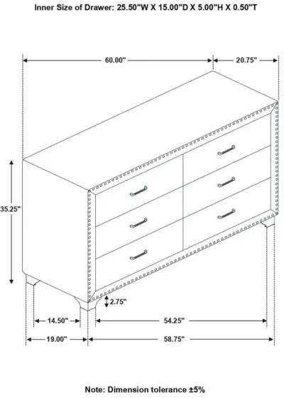 Melody - 6-Drawer Upholstered Dresser