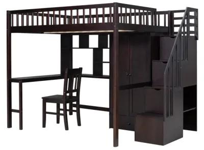 Full-Size Loft Bed with Built-in Desk, Bookshelf, Wardrobe, and Chair