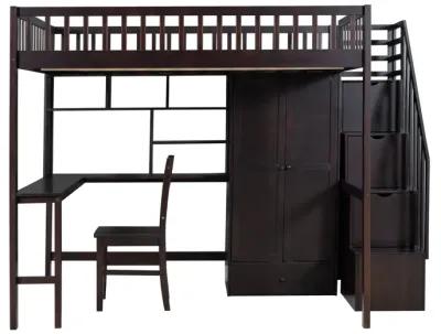 Full-Size Loft Bed with Built-in Desk, Bookshelf, Wardrobe, and Chair