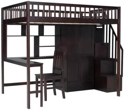 Full-Size Loft Bed with Built-in Desk, Bookshelf, Wardrobe, and Chair