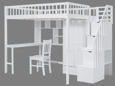 Full-Size Loft Bed with Built-in Desk, Bookshelf, Wardrobe, and Chair