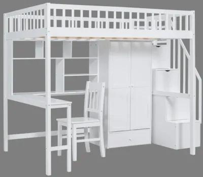 Full-Size Loft Bed with Built-in Desk, Bookshelf, Wardrobe, and Chair