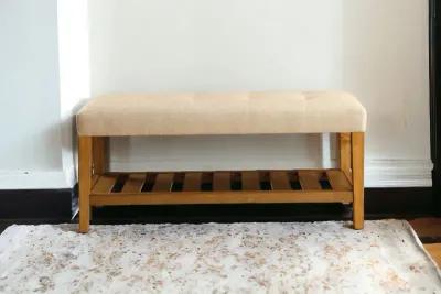 Upholstered Polyester Bench With Shelves - Beige / Brown