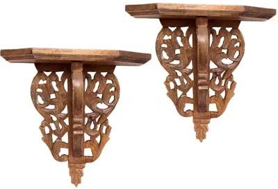 Set Of Two Boho Carved Wall Mounted Floating Shelves - Brown