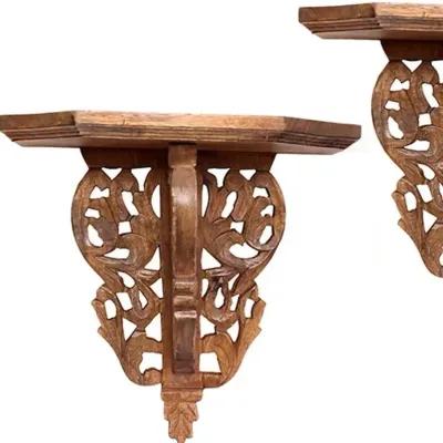 Set Of Two Boho Carved Wall Mounted Floating Shelves - Brown