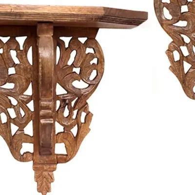 Set Of Two Boho Carved Wall Mounted Floating Shelves - Brown