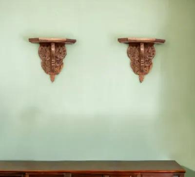 Set Of Two Boho Carved Wall Mounted Floating Shelves - Brown