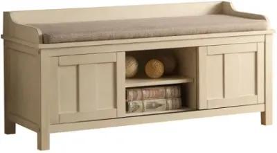 Upholstered Linen Blend Bench With Cabinet - Cream