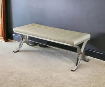 Upholstered Faux Leather Bench - Beige / Silver