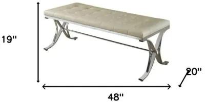 Upholstered Faux Leather Bench - Beige / Silver