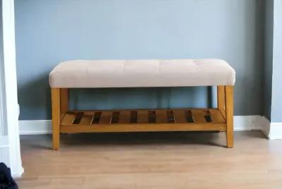 Upholstered Polyester Bench With Shelves - Light Gray / Brown