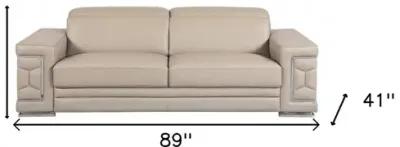 Italian Leather Sofa & Silver Legs - Beige