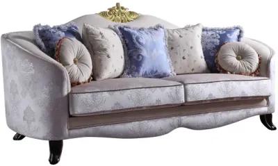 Velvet Curved Damask Sofa And Toss Pillows With Black Legs - Cream