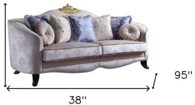 Velvet Curved Damask Sofa And Toss Pillows With Black Legs - Cream