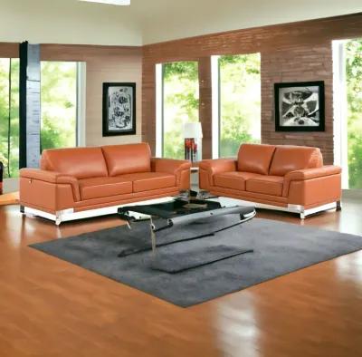 2 Piece Italian Leather Indoor Five Person Seating Set - Camel