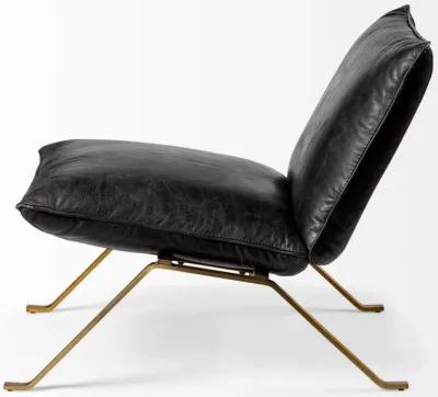 Top Grain Leather Distressed Slipper Chair - Black / Brass