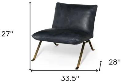 Top Grain Leather Distressed Slipper Chair - Black / Brass