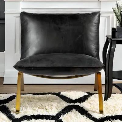 Top Grain Leather Distressed Slipper Chair - Black / Brass