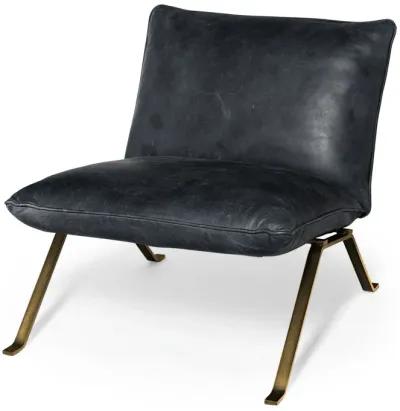 Top Grain Leather Distressed Slipper Chair - Black / Brass