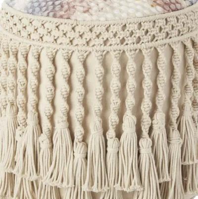 Cotton Round Abstract Pouf Ottoman - Ivory / Blue