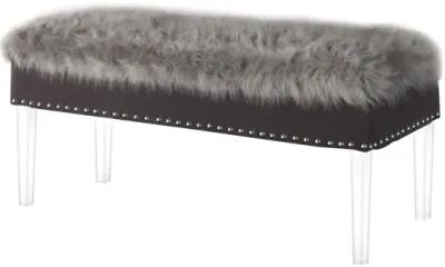 Upholstered Faux Fur Bench With Flip Top - Gray / Clear