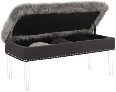 Upholstered Faux Fur Bench With Flip Top - Gray / Clear